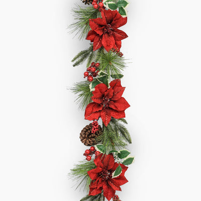 Decorative Christmas garland with red poinsettias, greenery, and pinecones on a white background