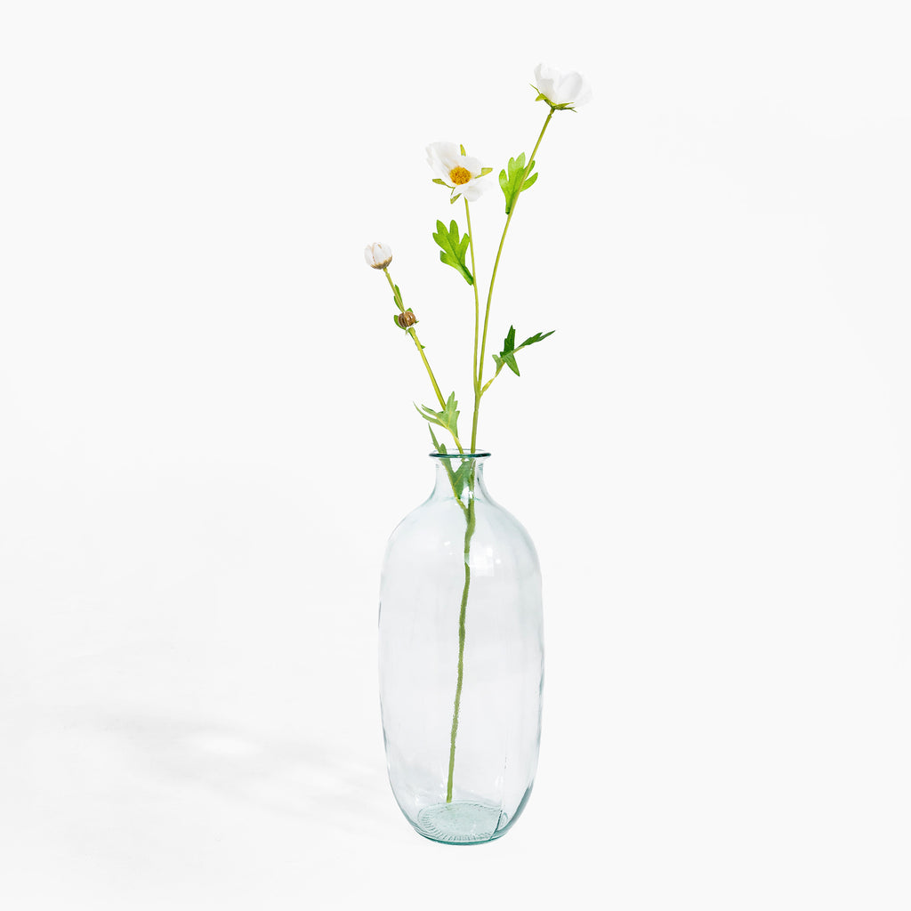 Clear glass vase with a single white flower on a white background