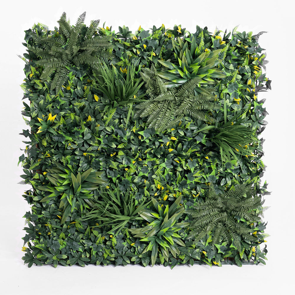 Square grid of artificial greenery on a white background