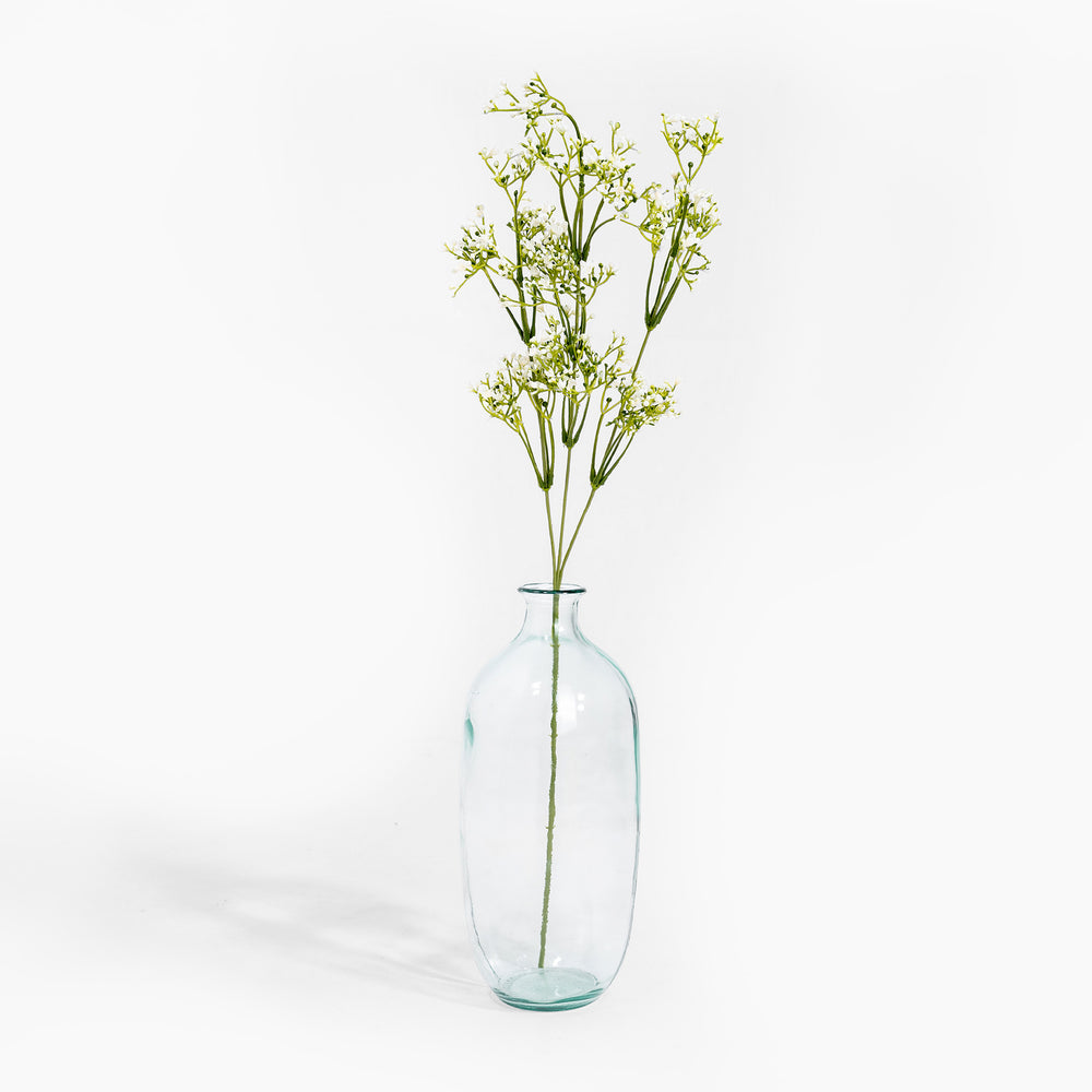 Clear glass vase with green stems on a white background