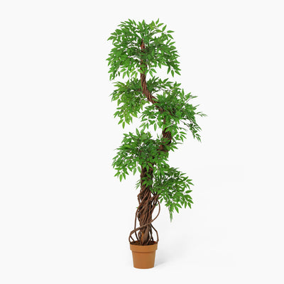 Artificial potted plant with green leaves on a white background