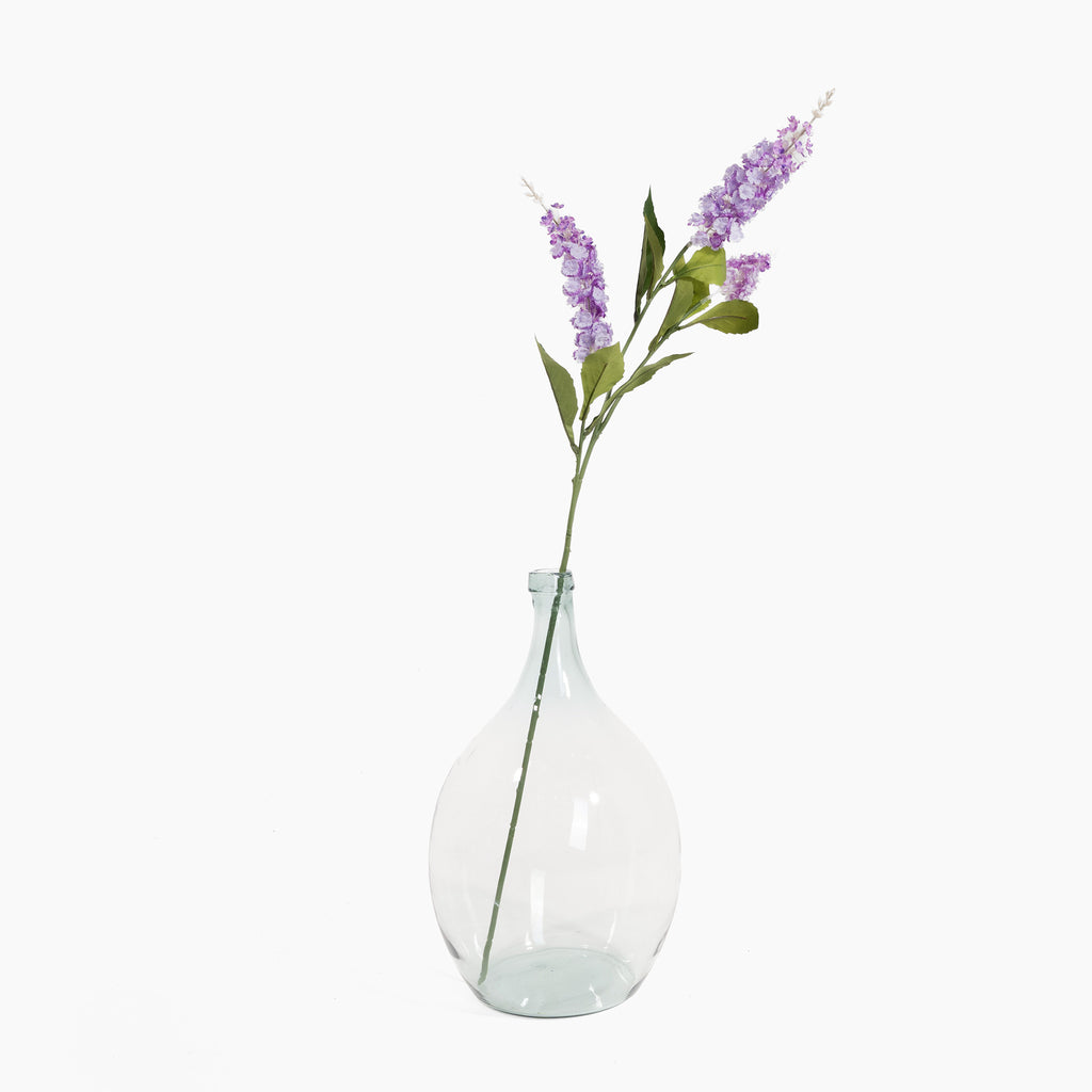 Clear glass vase with a single stem of purple flowers on a white background