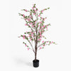 Artificial cherry blossom tree with pink flowers in a pot on a white background