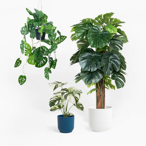 Set of artificial plants including a hanging plant, a potted plant with a wooden stem, and two other potted plants on a white background.