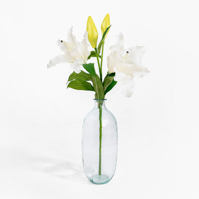 Clear glass vase with white and yellow flowers on a white background