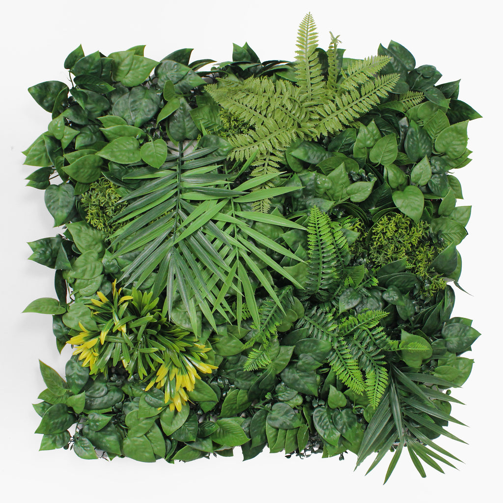 Artificial green wall with various types of leaves on a white background