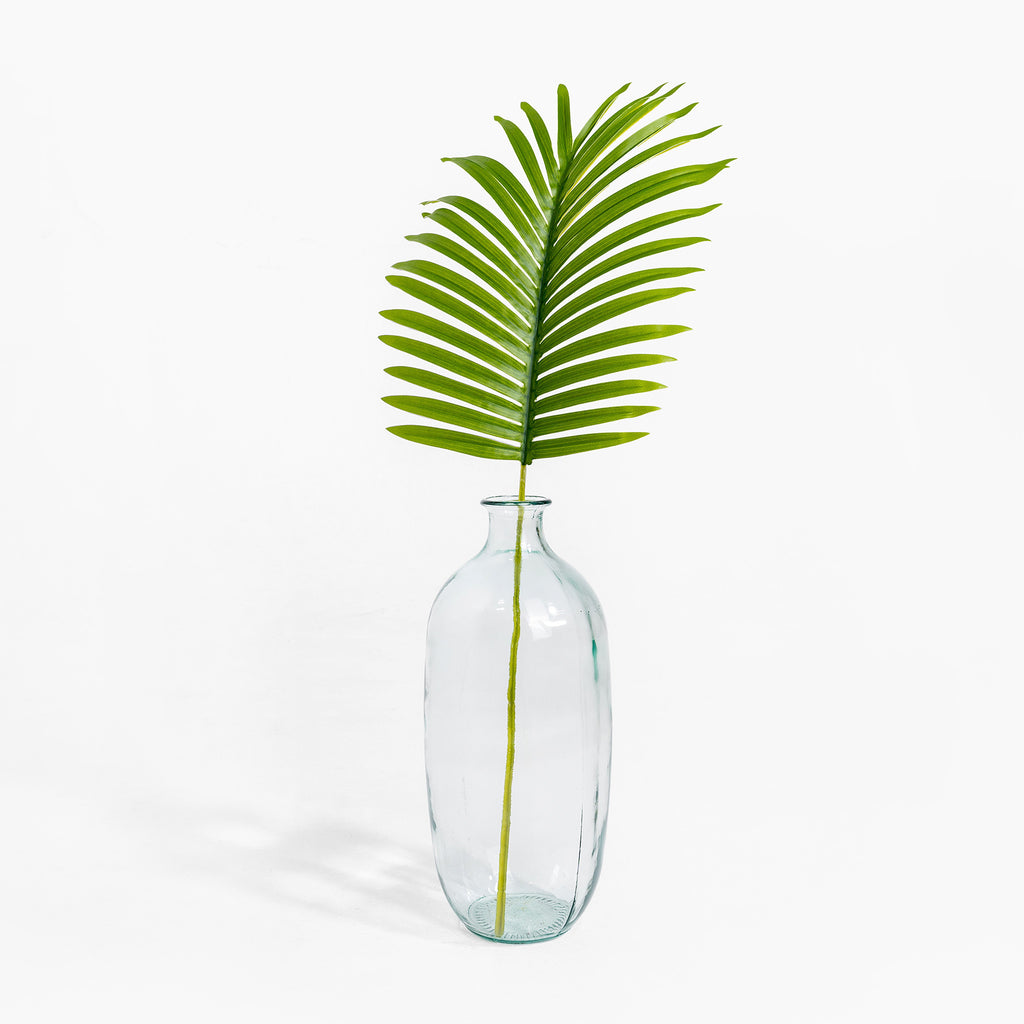 Clear glass vase with a single green leaf on a white background