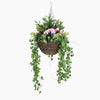Hanging basket with greenery and pink flowers on a white background