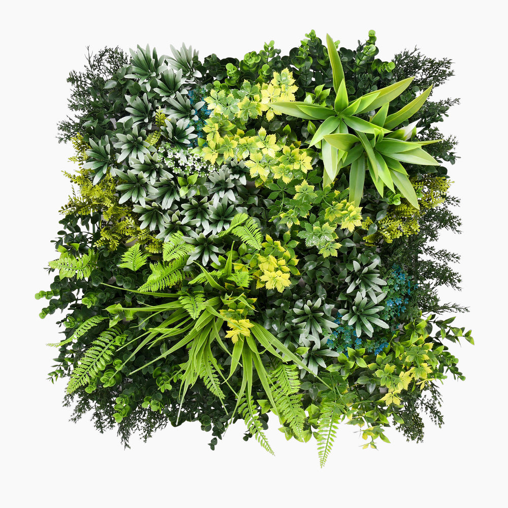 Artificial green wall with various types of greenery on a white background