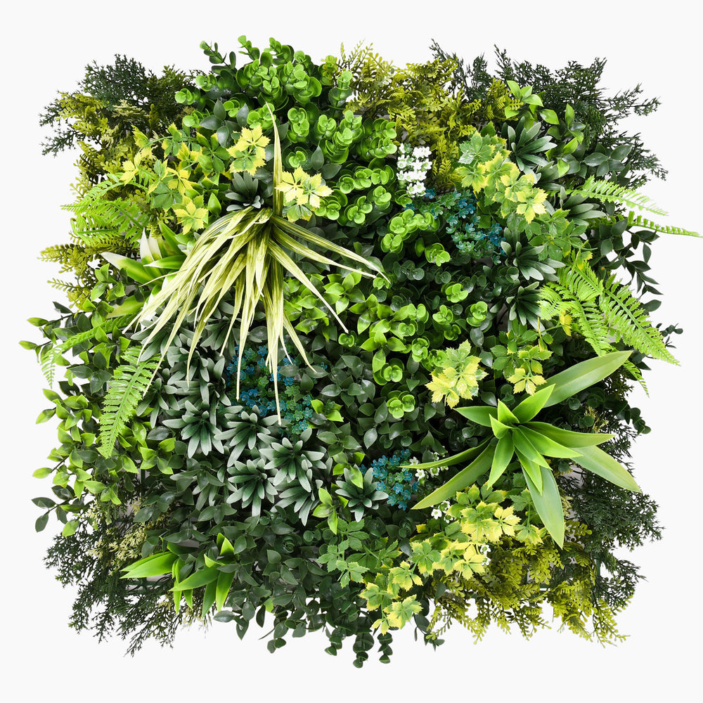 Artificial green wall with various types of greenery on a white background