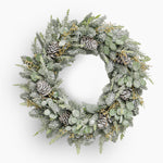 Christmas wreath with pine cones and snow effects on a white background