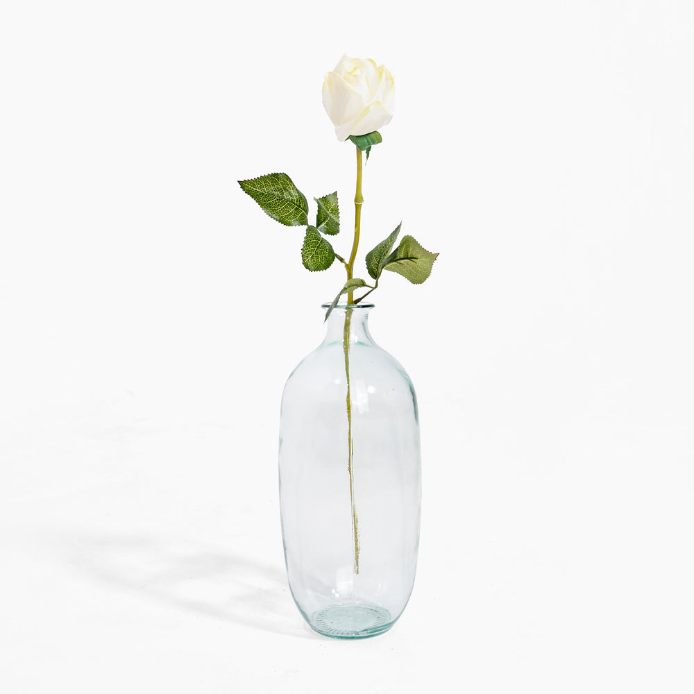Clear glass vase with a single white rose on a white background