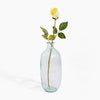Clear glass bottle with a single yellow rose on a white background