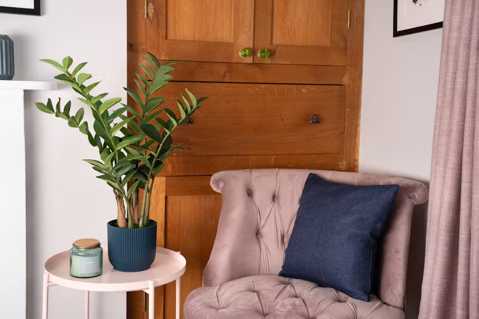 Pink armchair with a blue pillow next to a wooden cabinet and small round table with a plant and candle.