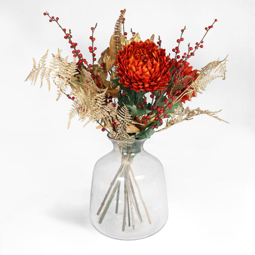 Artificial happy holidays red and gold leaf flower and foliage bunch 