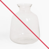 Clear glass vase on a white background with a red cross through it