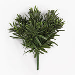 An artificial green foliage bouquet stem with dense, needle-like leaves, isolated on a clean white background.