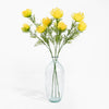 Clear glass vase with yellow flowers on a white background