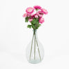 Clear glass vase with pink flowers on a white background