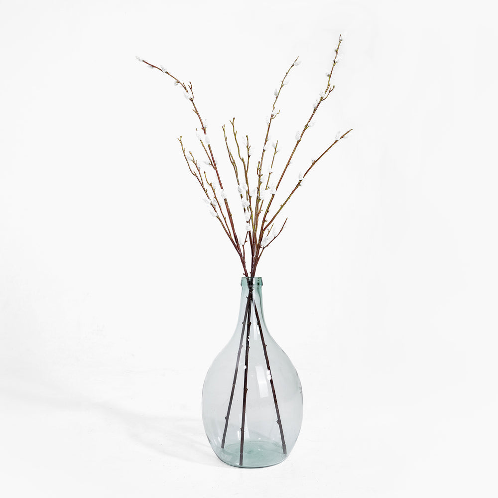 Clear glass vase with dried branches on a white background