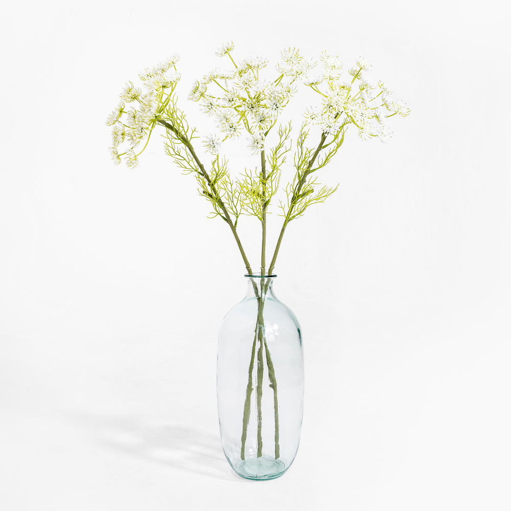 Clear glass vase with dried plants on a white background