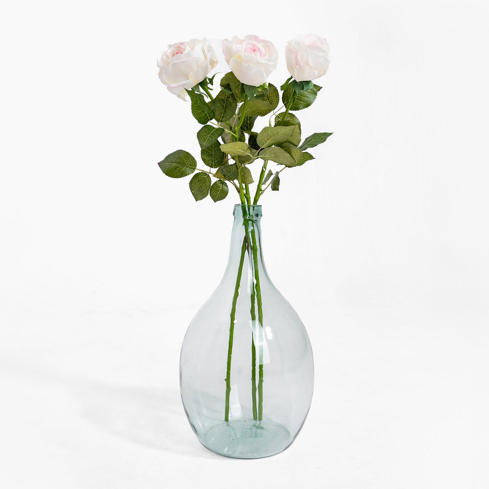 Clear glass vase with pink roses on a white background