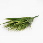 A bundle of artificial green grass or reed leaves with a green stem, photographed on a plain white background.