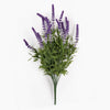 An artificial lavender bouquet with purple flower spikes and green leaves, photographed against a plain white background.